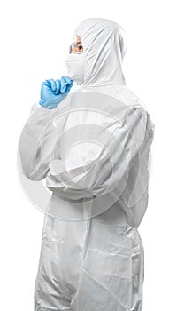 Worker wears medical protective suit or white coverall suit think or analyse isolated on white