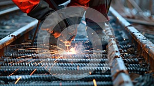 A worker is welding additional steel bars onto the existing structure adding extra reinforcement to withstand the force photo