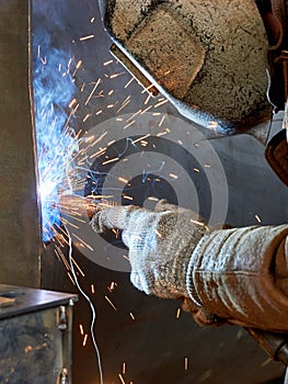 worker welding equipment parts in the workshop