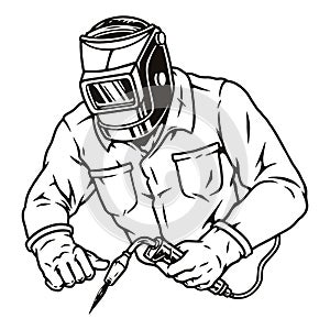 Worker in welding mask using gas torch