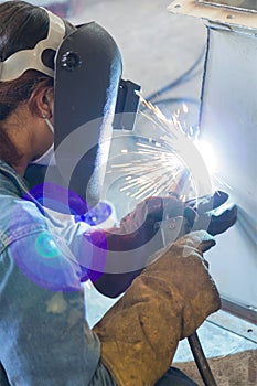 Worker welding the steel structure