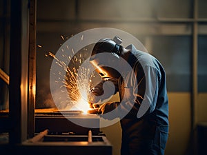 Worker welding steel structure in a metallurgical plant at night