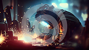 Worker welding on a workshop. AI art generated