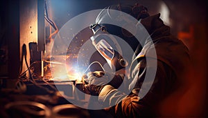 Worker welding on a workshop. AI art generated