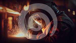 Worker welding on a workshop. AI art generated