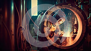 Worker welding on a workshop. AI art generated