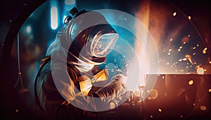 Worker welding on a workshop. AI art generated