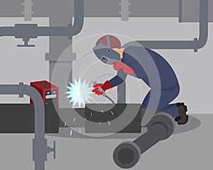 Worker welds large metal pipes at basement. Professional welder at work. Man in protective mask and gloves. Flat vector