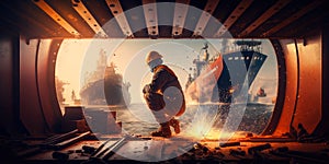 worker welds the metal hull of the ship in the shipyard , Ai generative