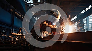 worker welds the metal hull of the ship in the shipyard , Ai generative