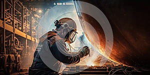 worker welds the metal hull of the ship in the shipyard , Ai generative