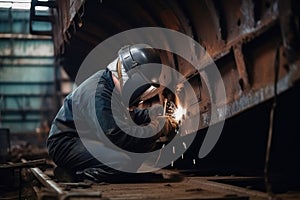 worker welds the metal hull of the ship in the shipyard , Ai generative