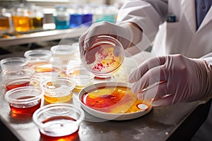 Laboratory Worker Holding Petri Dish with Bright-Colored Bacteria