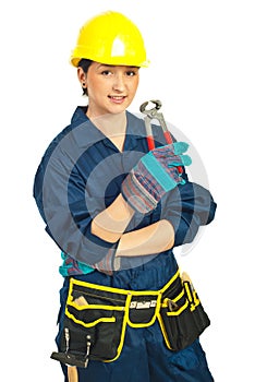 Worker woman holding pincers