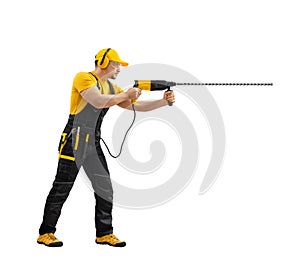 Worker worked with construction tool - hammer drill