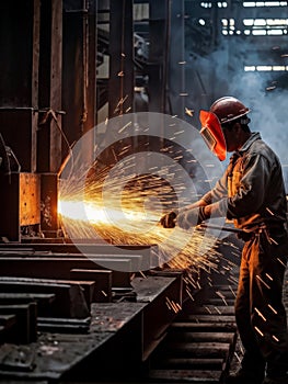 worker working at factory, metal structure, welding and