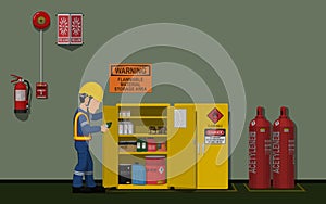 Worker is working in the flammable material storage area