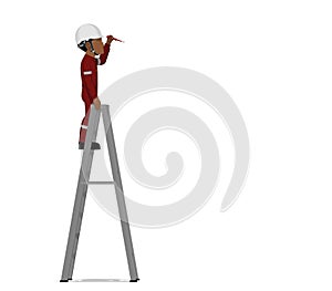 A worker is working on the ladder