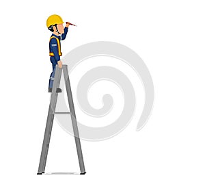 A worker is working on the ladder