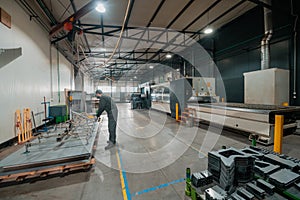 a worker working in a modern industry prepares material for processing on a cnc machine, wears a protective mask on his