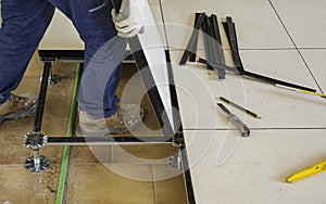 Worker working Raised floor in modern interior of server room in datacenter