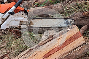 The worker works with a chainsaw. Chainsaw close up.