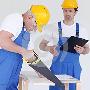 Worker works with handsaw