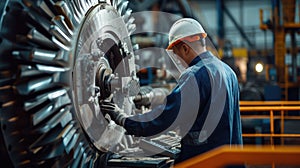 Worker in workwear operating machinery with protective gear AIG41