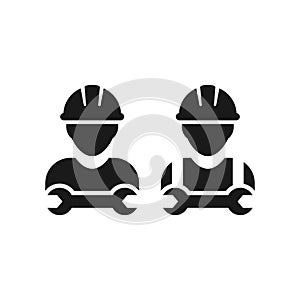 Worker with wrench with hardhat or helmet, mechanic black vector icon.