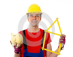 Worker with yardstick- house and piggy bank photo