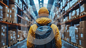 Warehouse Worker Observes Organized Storage Space Filled With Packages During Daylight Hours Generative AI photo