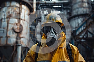 A worker in a yellow protective suit and gas mask checks for a chemical leak at a chemical factory