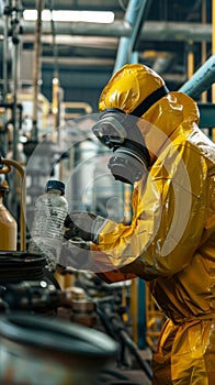 A worker in a yellow protective suit and gas mask checks for a chemical leak at a chemical factory