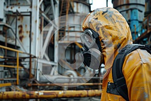 A worker in a yellow protective suit and gas mask checks for a chemical leak at a chemical factory