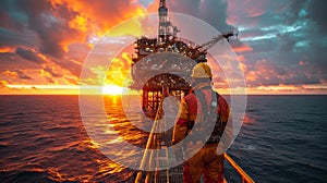 Worker in yellow uniform at offshore oil and rig platform in the middle of the sea at sunset.