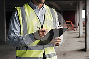 Worker in yellow vest, holding clipboard on construction site, overseeing progress