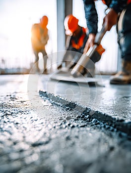 Workers applying fresh cement during construction work
