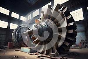 workers assembling and constructing gas turbines in a modern industrial factory. Neural network AI generated