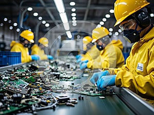 Workers assembling electronic components in a factory