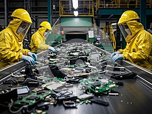 Workers assembling electronic components in factory