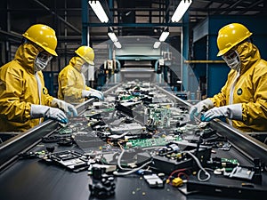 Workers assembling electronic components