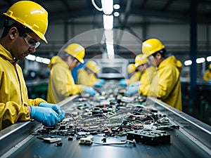 Workers assembling electronic components