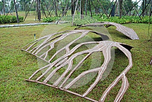 Workers are assembling lighting products in the park.