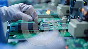 Workers on the assembly line install chips on chips