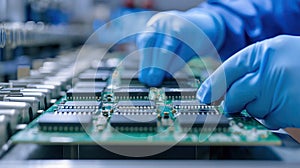 Workers on the assembly line install chips on chips