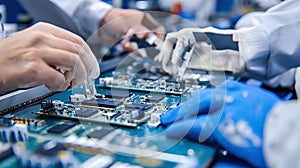 Workers on the assembly line install chips on chips