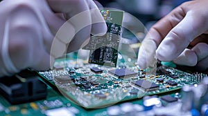 Workers on the assembly line install chips on chips