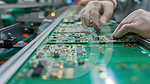 Workers on the assembly line install chips on chips