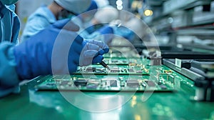 Workers on the assembly line install chips on chips