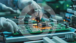 Workers on the assembly line install chips on chips